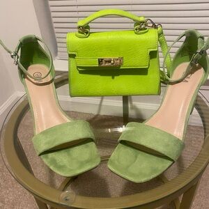 Chelsea Moreland Gala suede block heel sandals & neon green Fashion Nova handbag
